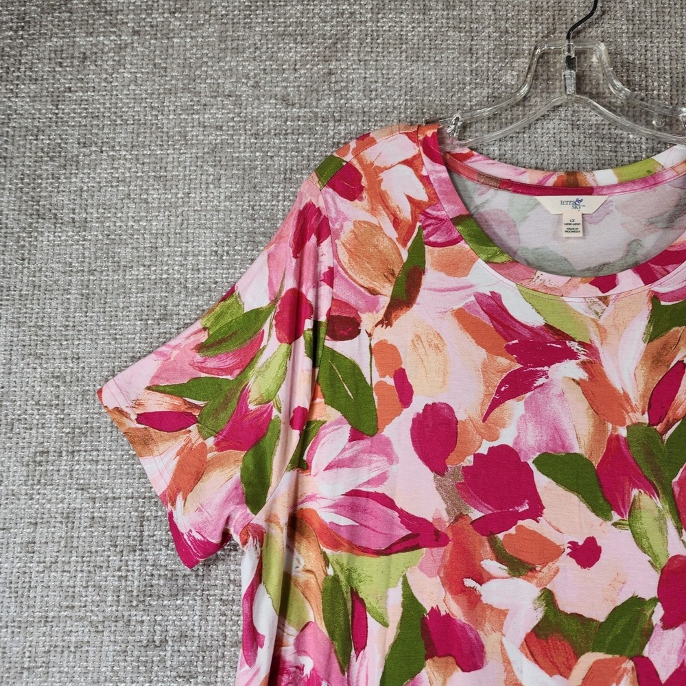 Terra & Sky Floral Knit T-Shirt Dress Womens Plus‎ 1X Short Sleeve Pink NWT - Picture 2 of 11